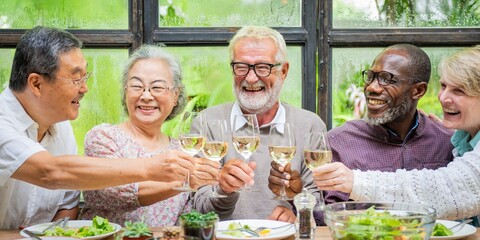 Group of diverse seniors enjoying a toast. Smiling elderly friends, men and women, celebrating together. Happy seniors, diverse group, enjoying life. Diverse senior people drinking wine at lunch.