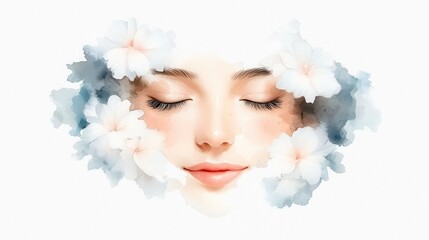 Naklejka premium A close up portrait of a relaxed contemplative female face with eyes closed enveloped in a soft cloud like haze of mist or smoke creating a dreamy ethereal atmosphere