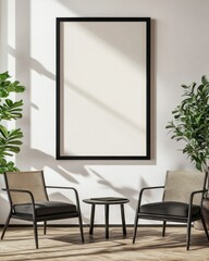 Modern minimalist living room with two armchairs, coffee table, and blank poster frame.