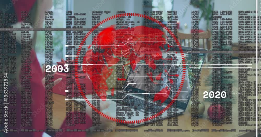 Poster red digital globe and data processing animation over office desk with computers