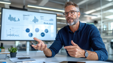 businessman is engaged in presentation, discussing data and analytics with focus on graphs and charts displayed on screen. His expression conveys confidence and professionalism