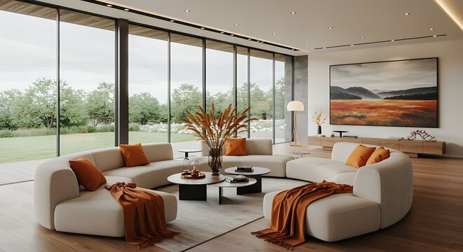 Minimalist home interior design of modern living room with orange sofa.
