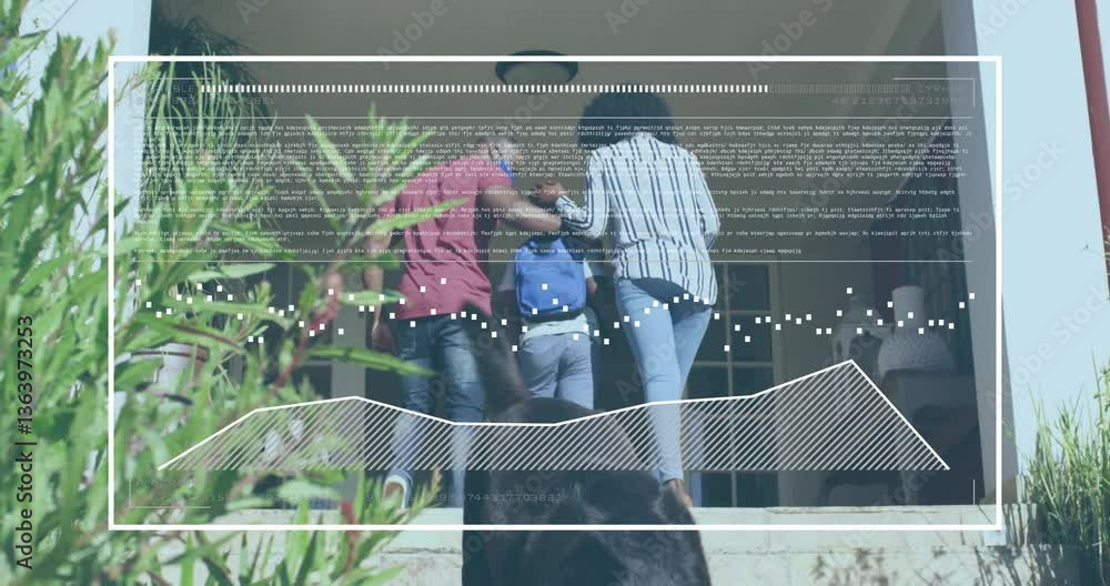 Aufkleber interacting with data processing animation overlay, group of people collaborating together