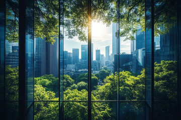 Naklejka premium A modern city view reflecting lush greenery, ideal for promoting eco-friendly architecture, urban development, and sustainability-themed events.