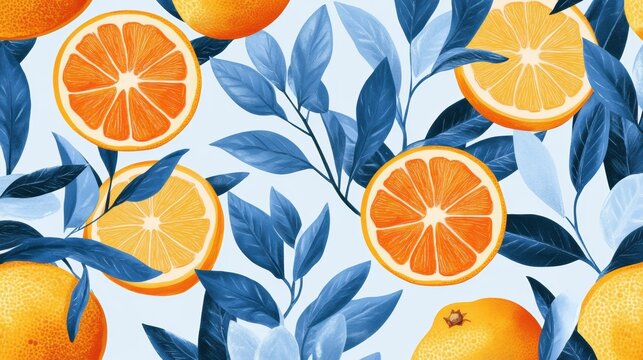 Vibrant pattern of orange and blue leaves with citrus fruits for Mediterranean themed design and decor