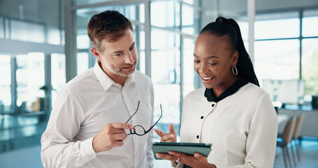 Tablet, talking and business people in office, coaching and email with positive feedback. Mentor, accounting and consultants for financial growth, tech and digital app for profit increase or network