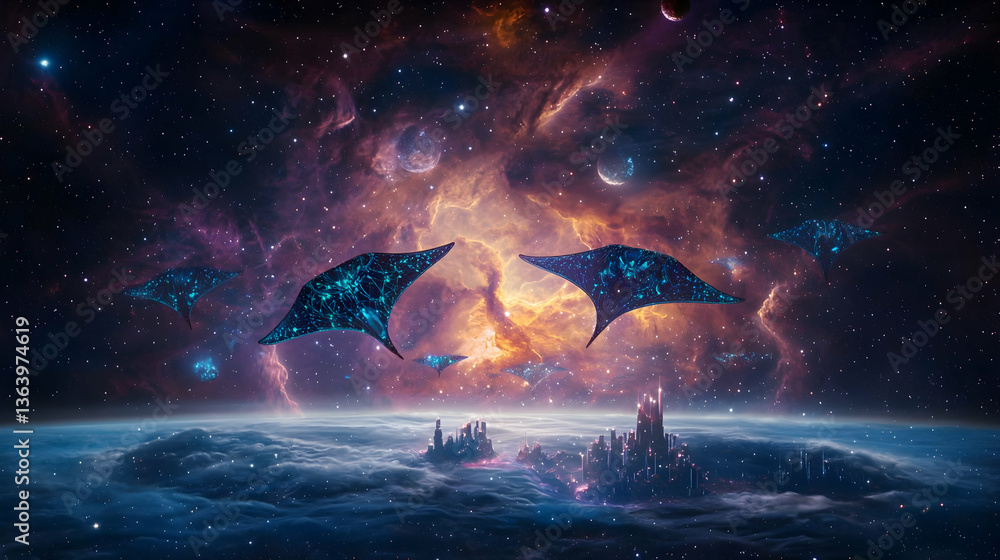 Poster surreal cosmic scene with planets and floating structures in a colorful nebulous universe
