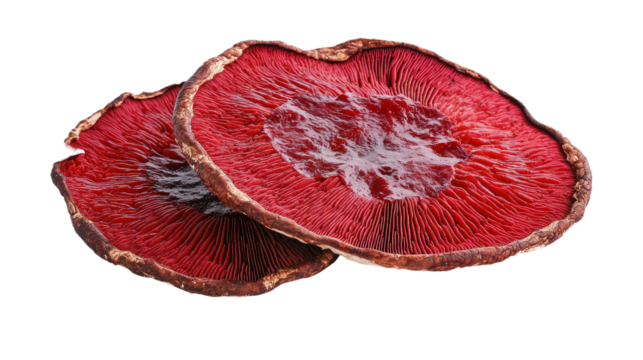 Dried red mushroom slices with intricate patterns, perfect for culinary recipes and natural medicine.