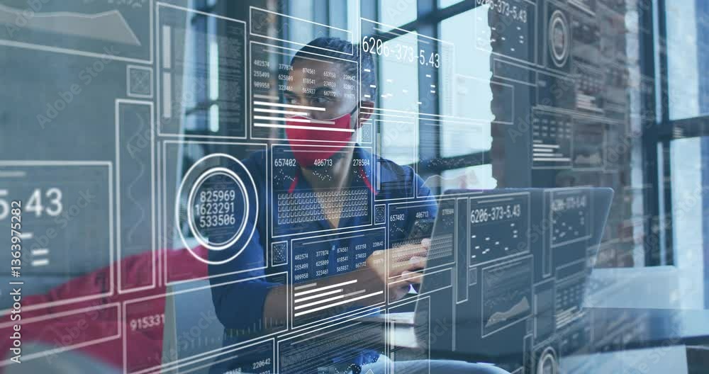 Poster interacting with animation, person using futuristic digital interface for analytics