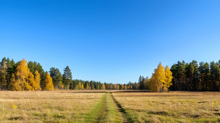 Naklejka premium Autumn Forest Landscape With Golden Trees And Blue Sky