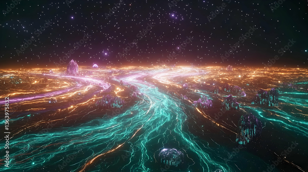 Poster digital abstract of glowing networks and data streams across a cosmic space landscape