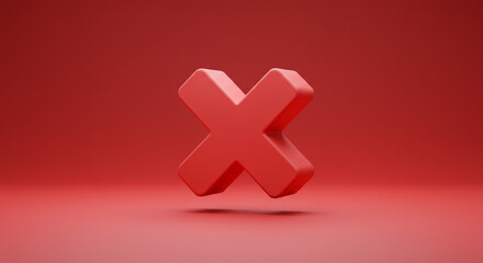 Fototapeta premium A bold red X symbolizing rejection, cancellation, or a decisive end, rendered in a clean, minimalist 3D style against a matching red backdrop.