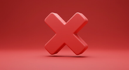Obraz premium A bold crimson X mark signifying rejection, a decisive end, or a critical error, rendered in a minimalist 3D style against a matching backdrop.