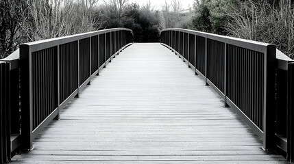 Black And White Photograph Of Wooden Bridge With Metal Railing Overlooking Natural Landscape In The Daylight
