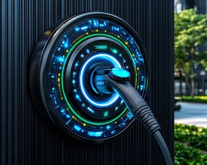 EV Charger with City Street, and Futuristic.