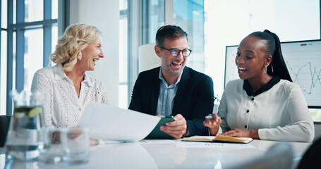 Accounting, office and business people with documents, laugh and manager with funny joke and graphs. Celebration, teamwork and papers with meeting, growth strategy or project report for finance