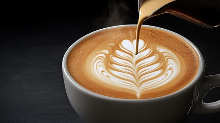 Latte art being poured into cup.
