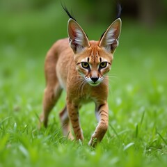 Fototapeta premium A stunning caracal walking gracefully through lush greenery.