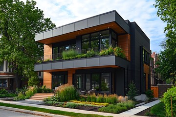 Multi-story modern house with geometric exterior, rooftop garden, and clean design.