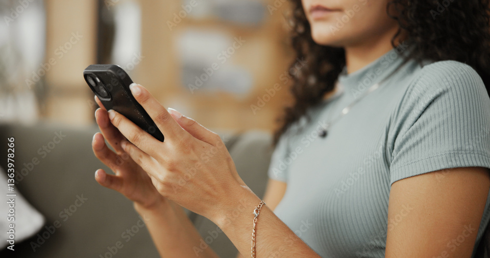 Aufkleber hands, phone and texting on sofa in home with search, scroll and contact with web chat in living roo