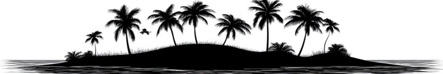 Fototapeta premium Island Oasis Silhouette: A serene silhouette of a tropical island, adorned with palm trees and set against the calm ocean.
