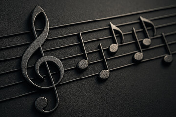 Fototapeta premium A high-resolution, close-up rendering of a black musical staff with embossed, metallic-like musical notes and a treble clef - Generative AI