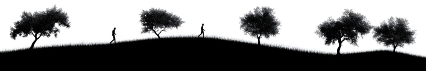 Silhouette Stroll: Silhouetted figures traverse a rolling hill, passing scattered trees, creating a scene of simple beauty and contemplative solitude.