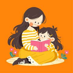 Mother and Daughter Reading a Book Together – Family Time Illustration