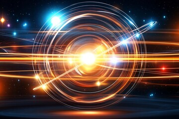 abstract magnetic field, atom, quant, time and space gravity sphere concept, neon orange blue circular lines against dark background