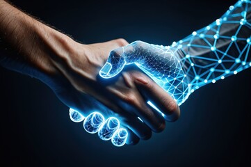 Two hands come together in a symbolic handshake, where one is human and the other is a futuristic digital representation, merging humanity and technology in harmony.