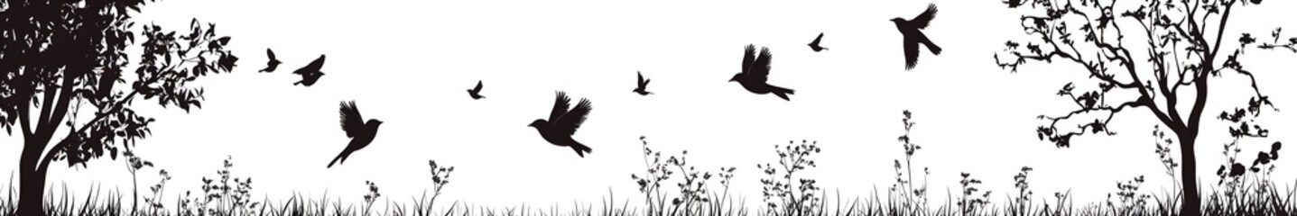Obraz premium Soaring Silhouettes: A flock of birds takes flight in a scenic illustration, creating a mesmerizing dance against a backdrop of trees and the wide open sky.