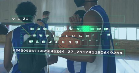 Basketball players holding ball with digital data and keyboard animation overlay - Powered by Adobe