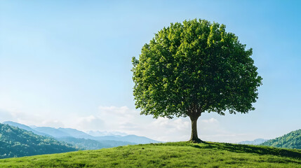 Solitary Tree On Hilltop Meadow With Mountain Background