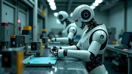 Fototapeta premium Robots working diligently in a modern manufacturing facility during daylight hours