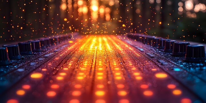 Mixing console in fiery environment: A close-up shot of a mixing console bathed in an abstract fire light and digital pattern with nature background.