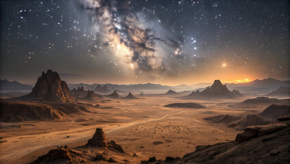 breathtaking view of a stark, rugged landscape under a star-filled night sky.