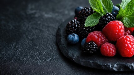 Vibrant mix of fresh berries.  A selection of juicy raspberries, blackberries, and blueberries, accented by fresh mint leaves