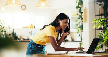 Business woman, laptop or event planner with phone call for schedule, appointment or online booking at home. Female person, admin or organizer checking record on computer with mobile smartphone