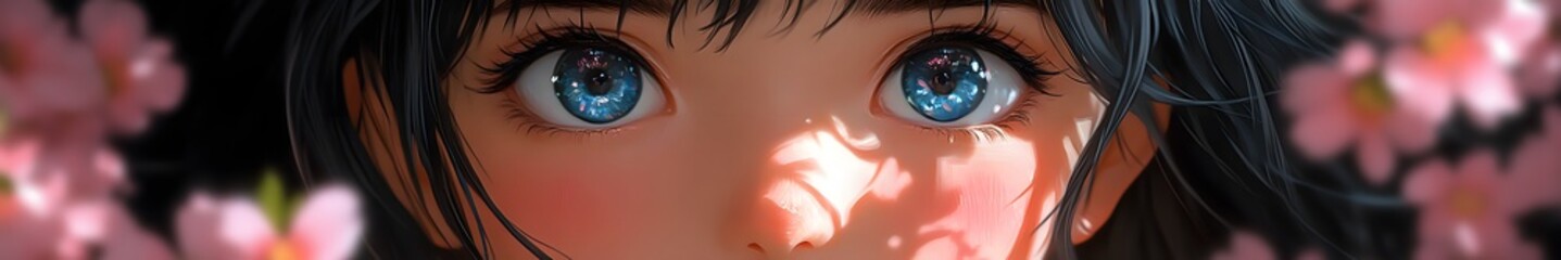 Naklejka premium Azure Gaze Amidst Blossoms: An enchanting portrait focuses on a captivating pair of blue eyes of the girl, surrounded by the soft hues of cherry blossoms