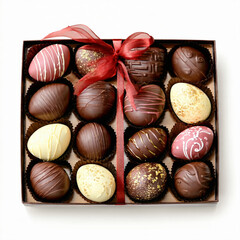 A premium assortment of gourmet chocolate Easter eggs presented in a sophisticated manner.