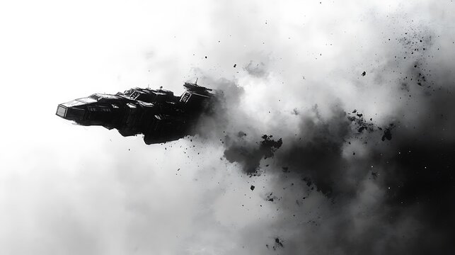 Spaceship disappearing in dust cloud.