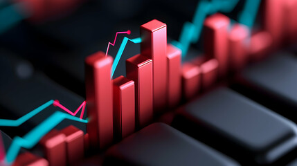 Abstract 3D Red and Teal Financial Growth Chart on Dark Background