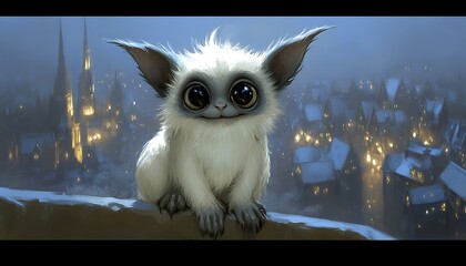 Cute creature, snowy town, night view