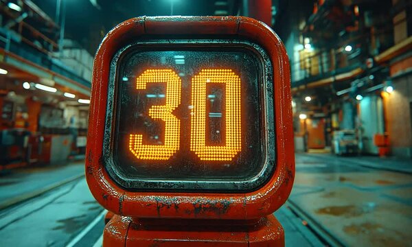 Rusty, orange digital speed limit sign in a futuristic industrial setting