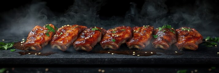A close-up of freshly cooked barbecue ribs with smoke rising from the hot plate