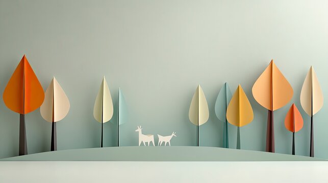 Pastel paper cut forest scene with deer - Powered by Adobe