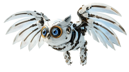 A cat-owl hybrid robot: rotating head, telescope eyes, and feather-textured solar wings. White background