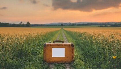 Sunset Journey: Suitcase in Field.