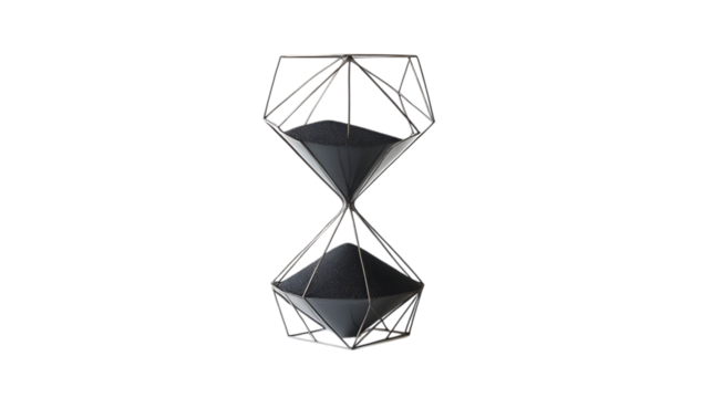 A minimalist hourglass with black sand, geometric lines, no texture, white backdrop