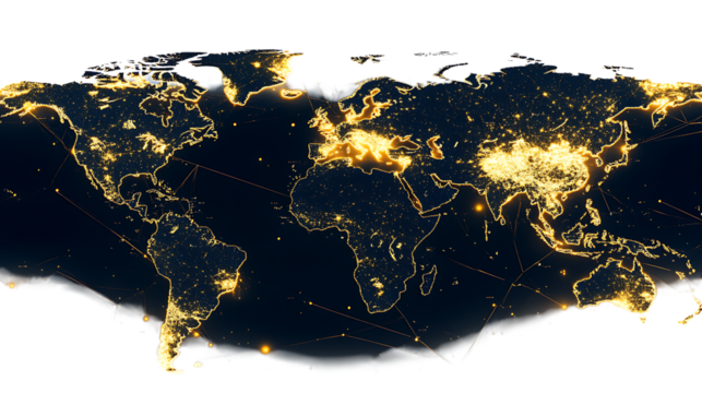 A minimalist 3D map of Earth with glowing golden flight paths connecting major cities, isolated on white background